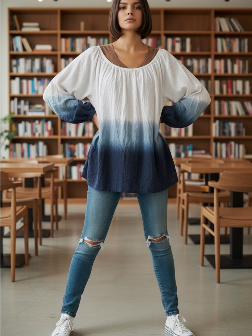 Women's Ombre Peasant Blouse ONLY - White to Navy